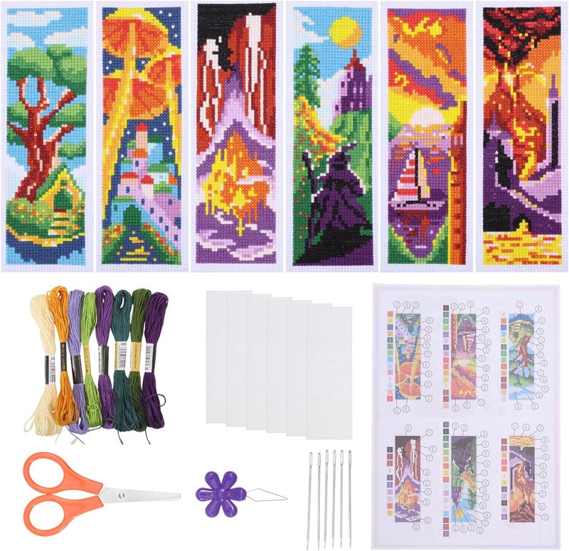 ORIGACH 6 Pcs Cross Stitch Bookmark Kit for Beginner Landscape Castle Stamped Embroidery Stitch Kits for Starter DIY Bookmarks Printed Cross Stitch Kits with 19 Colors Embroidery Floss - Image 1
